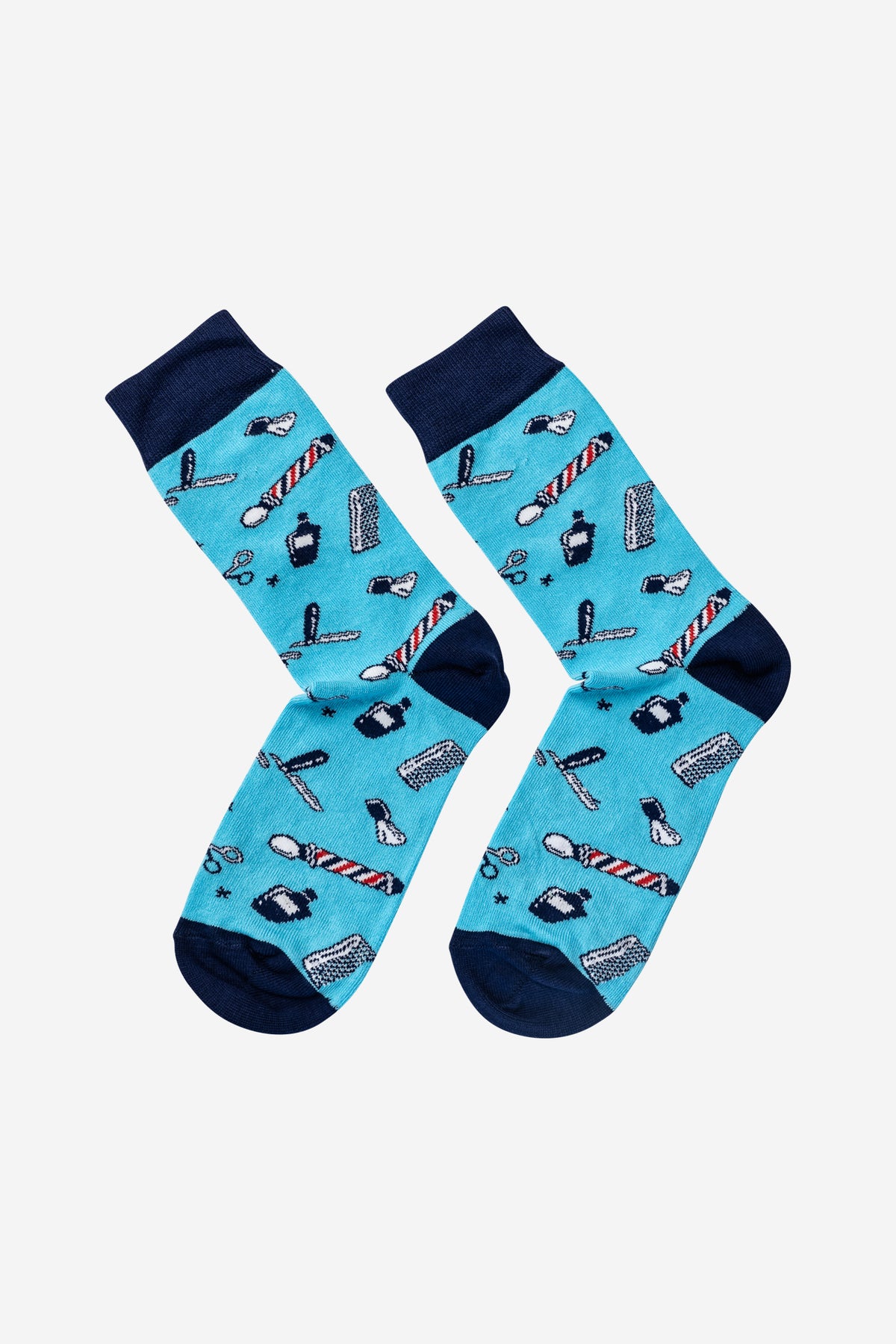 Barber-Socken. Leuchtend-Blaue Unisex-Socken von DIE SCHMIEDE mit Barber-Symbolen Muster, mittellang