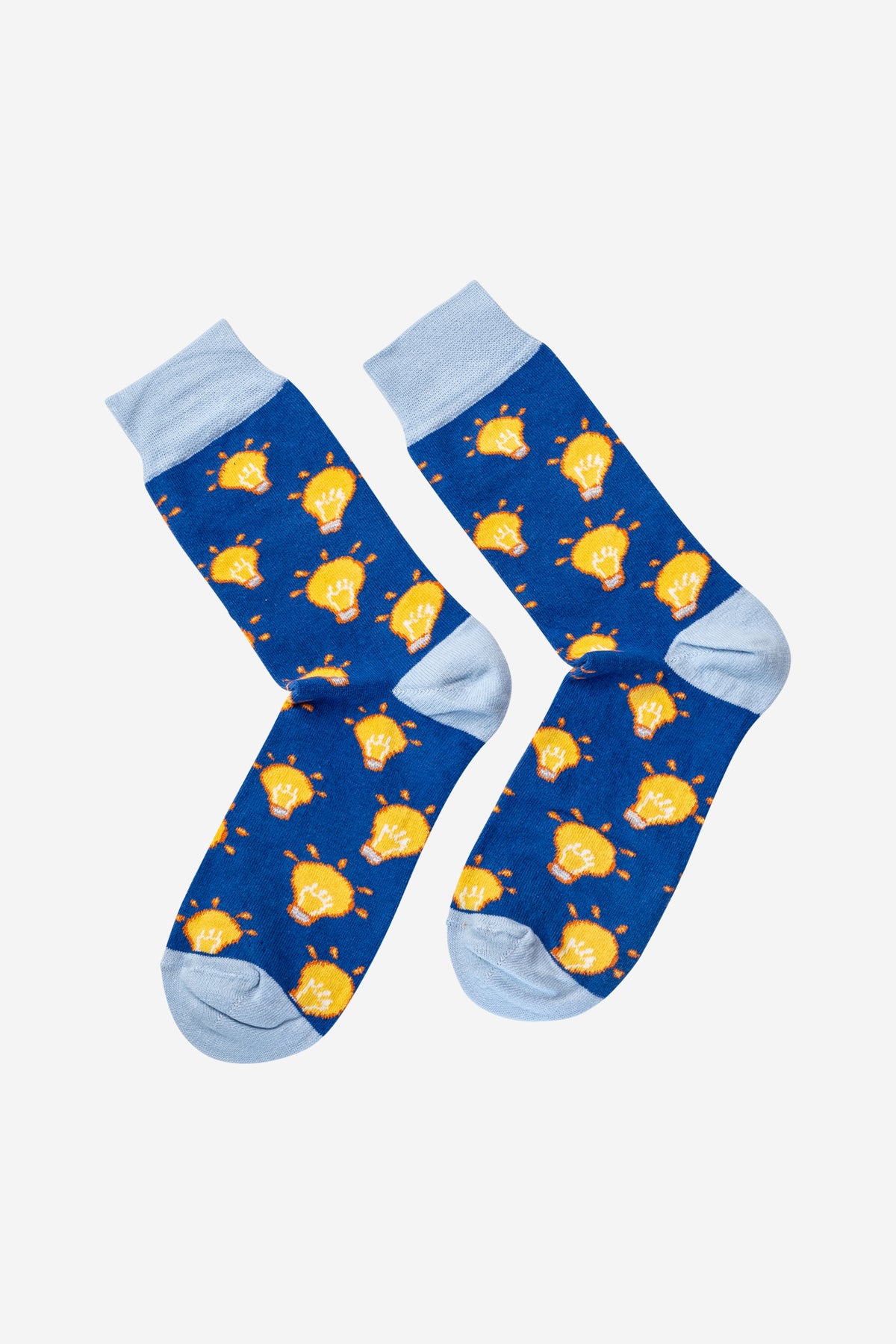 Dunkelblaue Socken mit gelben Glühbirnen gemustert für Damen und Herren. Mittellang und bequem, in verschiedenen Grössen erhältlich