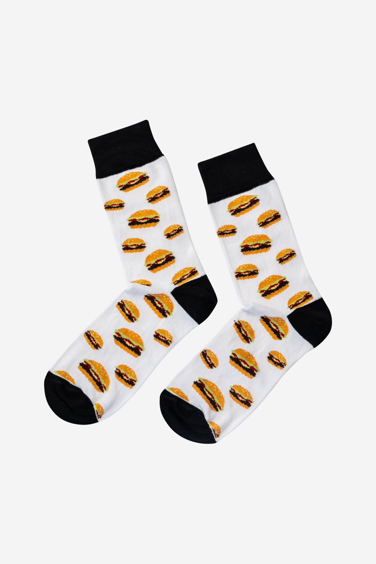 Mittellange, weisse Socken mit Burger-Muster. Vielseitig kombinierbar und ein tolles Geschenk für sie und ihn