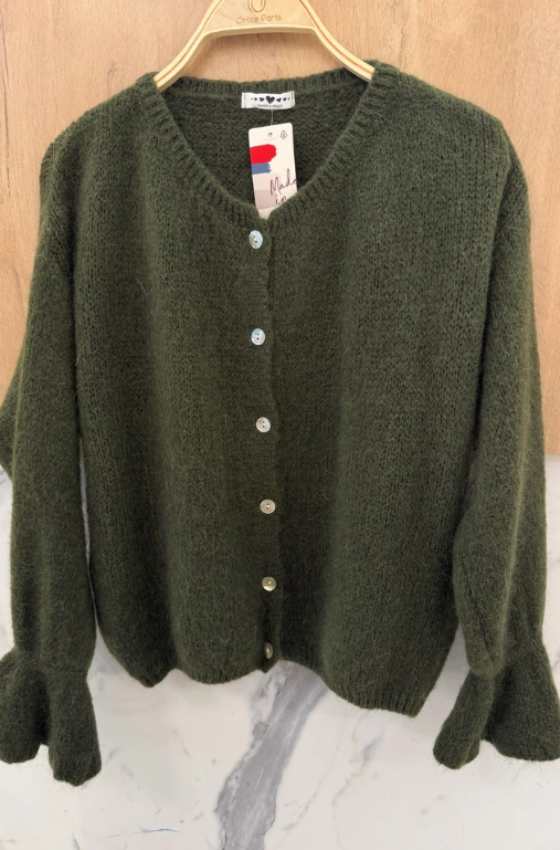 Rundhals-Cardigan-Pullover mit Rüschenbündchen