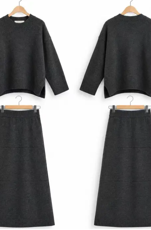 Strick-Set aus Pullover und langem Rock