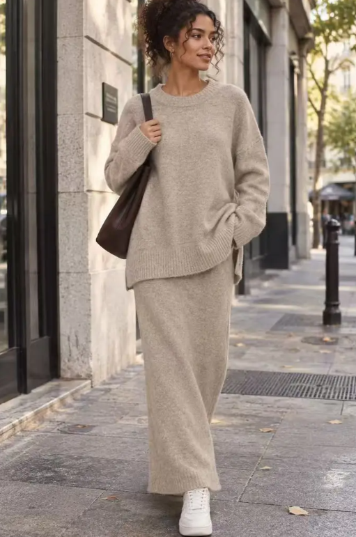 Strick-Set aus Pullover und langem Rock