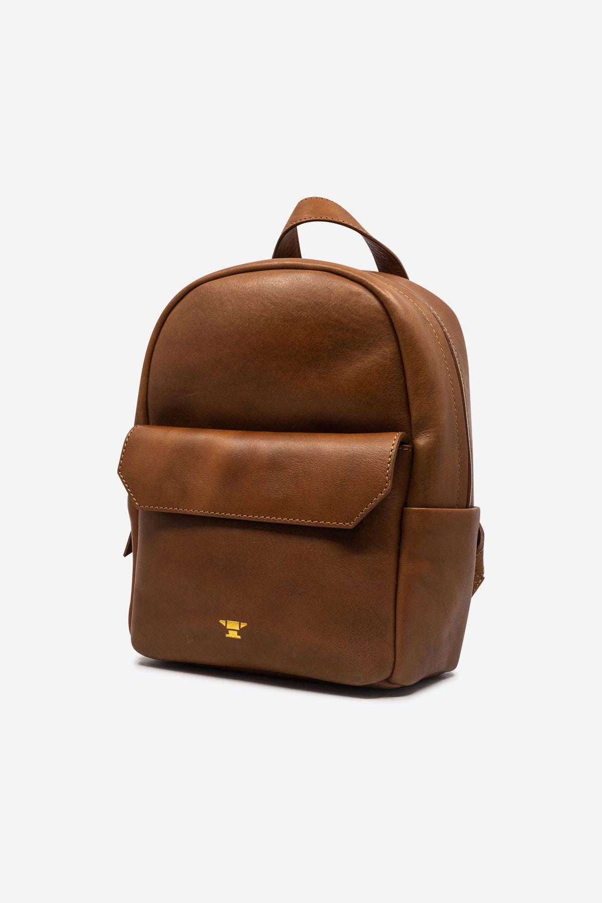 Kleiner brauner Leder-Rucksack mit Reissverschluss, Henkel und Aussenfach mit Druckknopf