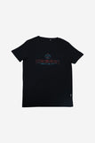 Schwarzes Unisex T-Shirt aus Baumwolle mit blau-rotem Schmiedovski's Logo auf der Brust