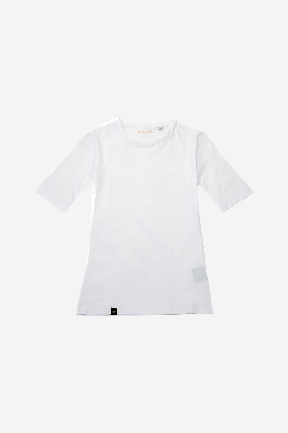 DIE SCHMIEDE Damen T-Shirt weiss aus Baumwolle, eng anliegend und talliert, etwas längere Ärmel und Rundhals Ausschnitt