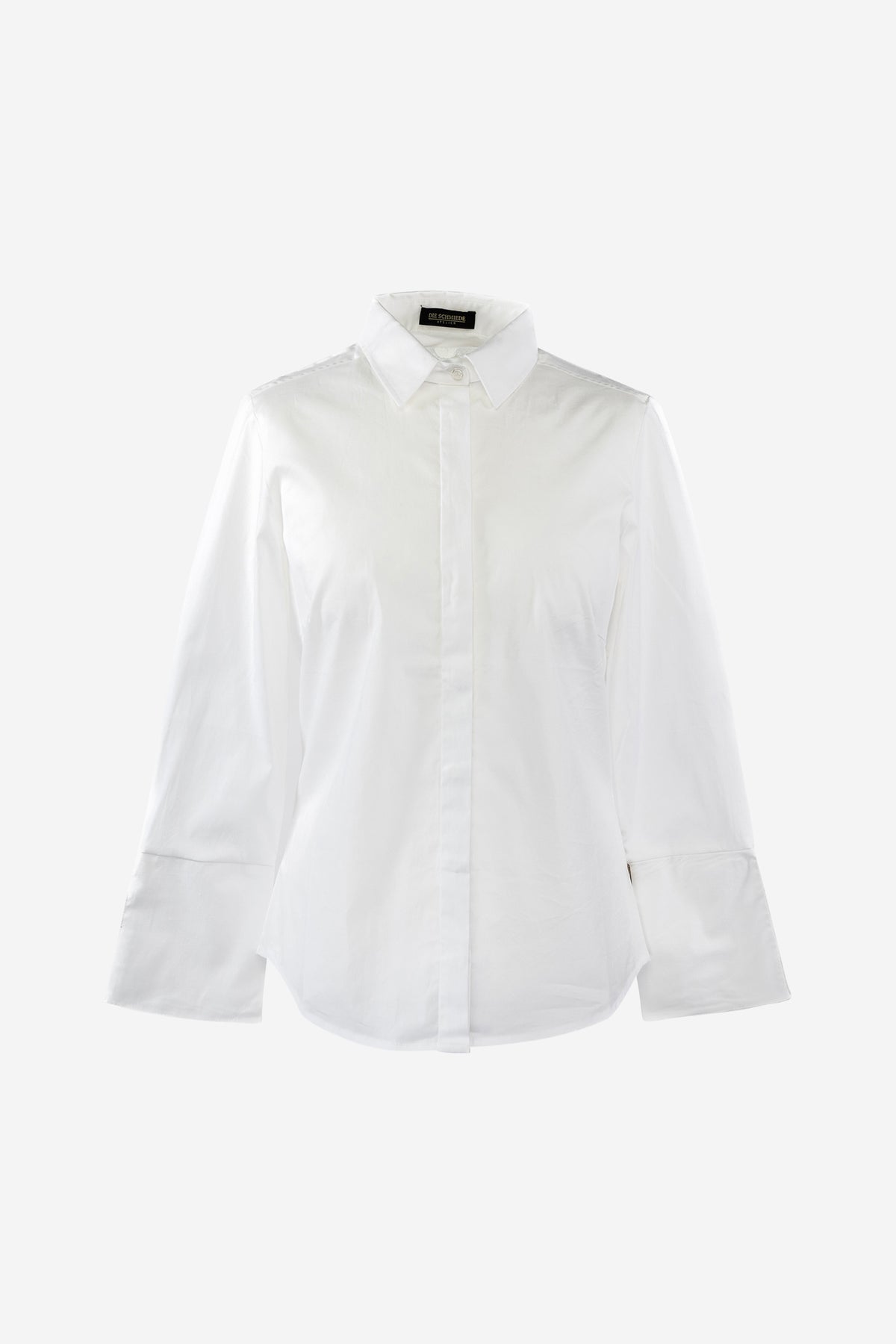 Weisse, elegante Damenbluse mit Knöpfen und Trompetenärmel