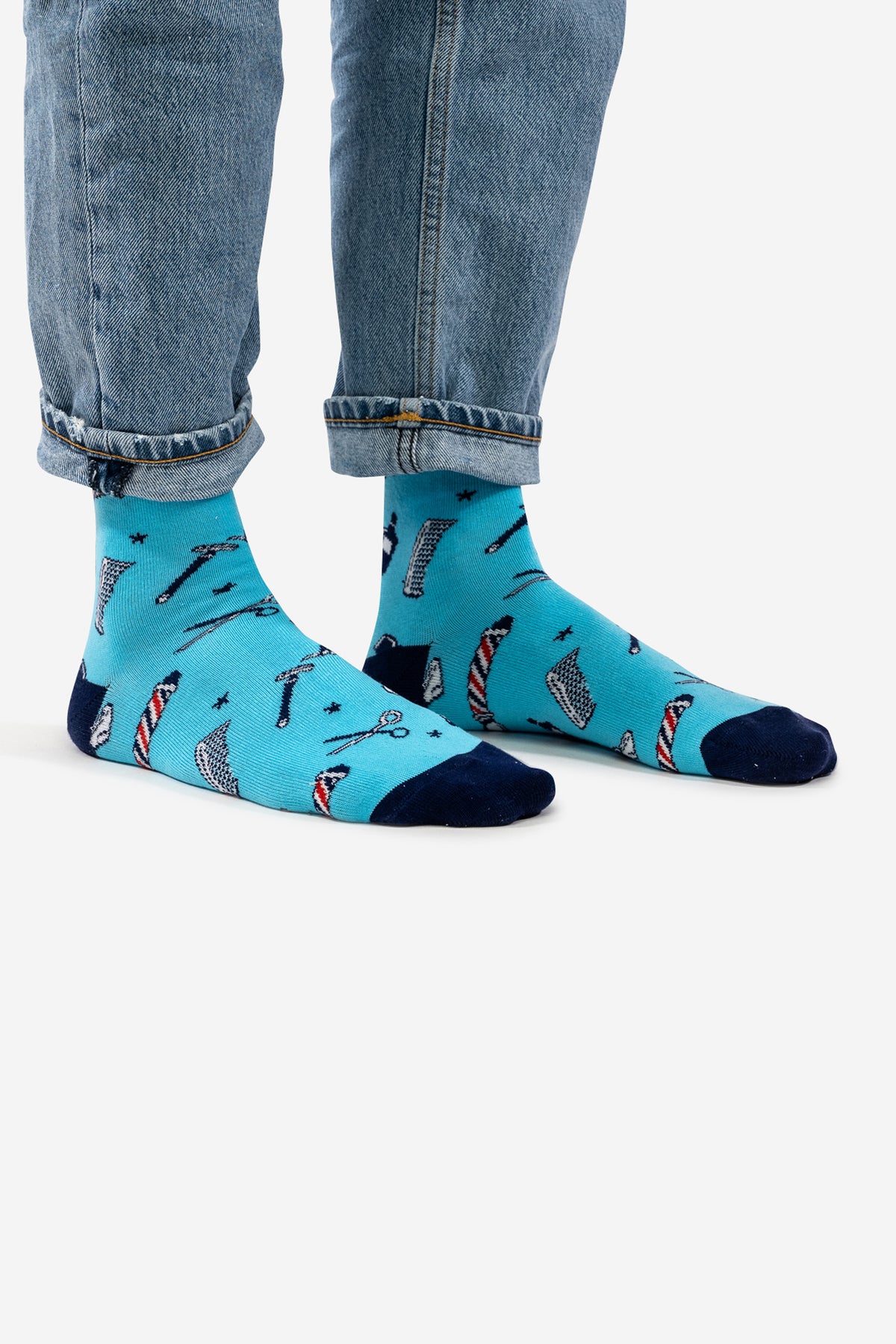 Leuchtend-Blaue, mittellange Unisex-Socken von DIE SCHMIEDE mit Barber-Muster, in verschiedenen Grössen erhältlich