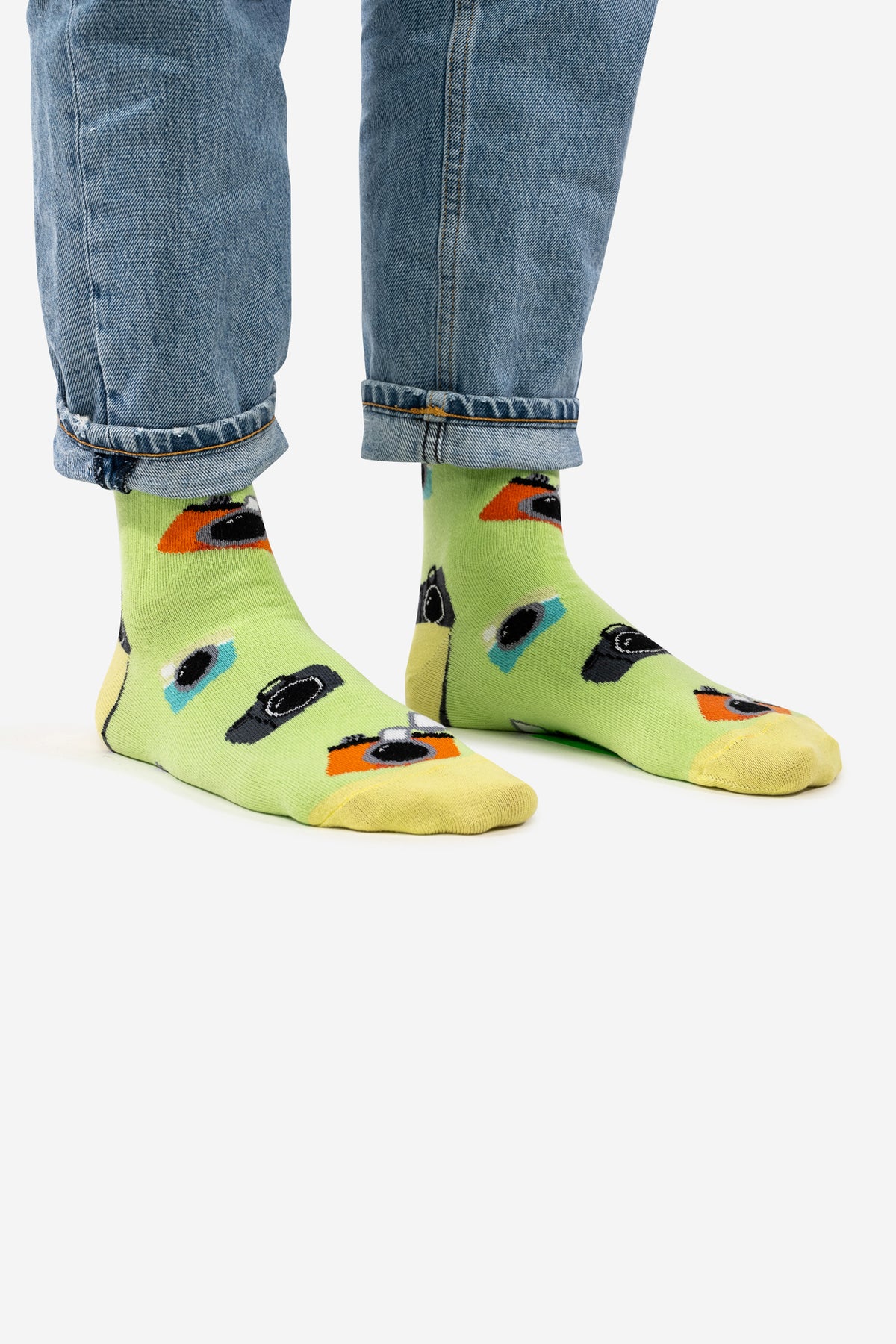 Unisex Kamera Socken. Freizeit-Socken in leuchtenden Grün, passt gut zu Jeans. Mittellang