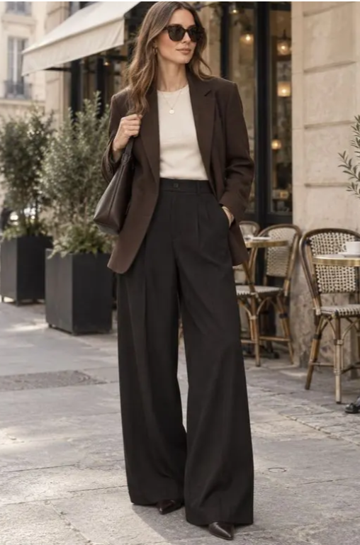 Wide-Leg Anzughose mit Bundfalten, High-Waist, schwarz