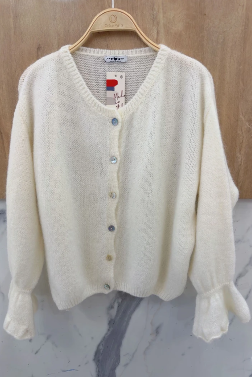 Rundhals-Cardigan-Pullover mit Rüschenbündchen 
