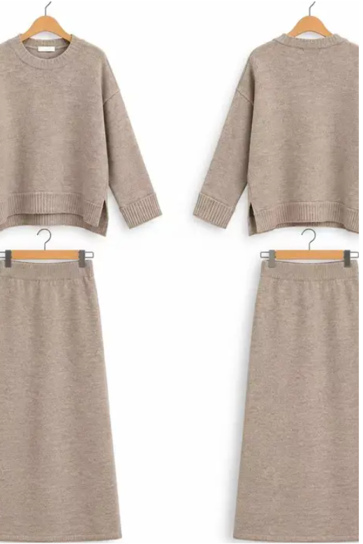 Strick-Set aus Pullover und langem Rock