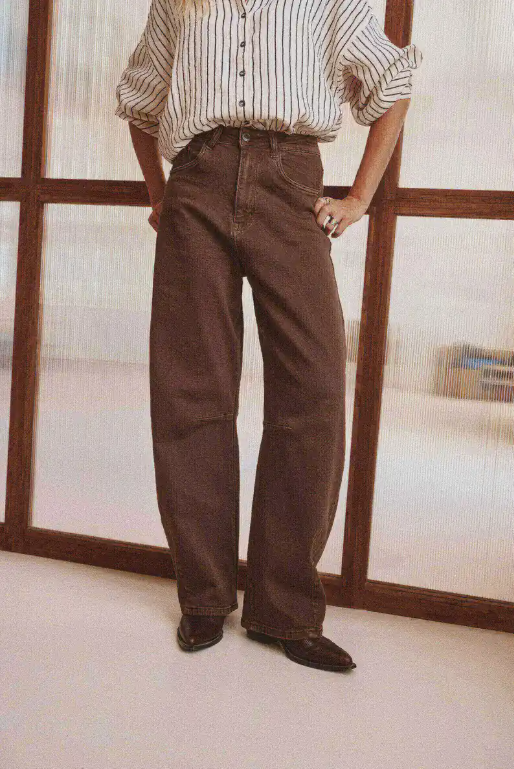 Barrel-Fit Jeans mit hoher Taille, Stretch, Braun