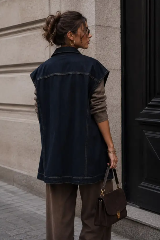 Lange ärmellose Jeansjacke, denim
